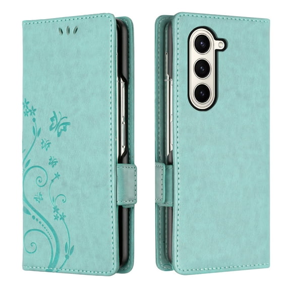 TECH CIRCLE for Samsung Galaxy Z Fold 6 Case 7.6" 2024, PU Leather Flip Wallet Phone Case with Credit Card Holder Slots, Lightweight Slim Thin Cute Butterfly Cover with Lanyard for Women Men, Green