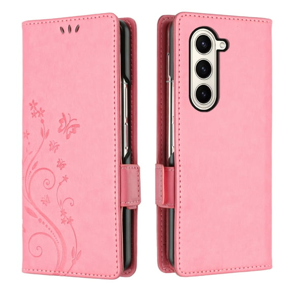 TECH CIRCLE for Samsung Galaxy Z Fold 6 Case 7.6" 2024, PU Leather Flip Wallet Phone Case with Credit Card Holder Slots, Lightweight Slim Thin Cute Butterfly Cover with Lanyard for Women Men, Pink