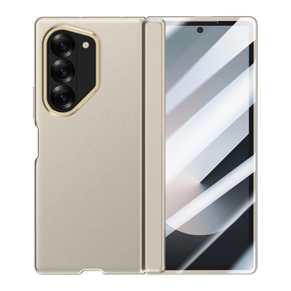 TECH CIRCLE for Samsung Galaxy Z Fold 6 Case Built-in Screen Protector,PU Leather Texture Full Protection Kickstand Case with Spring Hinge Protection for Samsung Galaxy Z Fold 6 7.6" 2024, Lightgray
