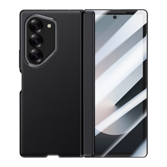 TECH CIRCLE for Samsung Galaxy Z Fold 6 Case Built-in Screen Protector,PU Leather Texture Full Protection Kickstand Case with Spring Hinge Protection for Samsung Galaxy Z Fold 6 7.6" 2024, Black