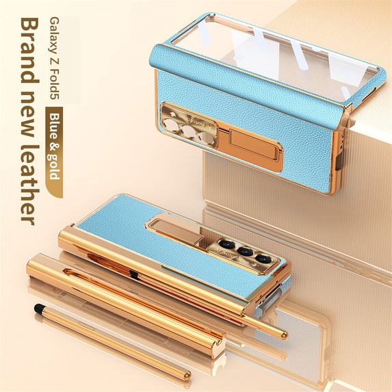 TECH CIRCLE for Samsung Galaxy Z Fold 6 Case with Pen,Shockproof Lychee Texture PU Leather Plating Hidden Double Hinge Kickstand Full Body Protective Case Built-in Screen Protector Cover,Blue+Gold