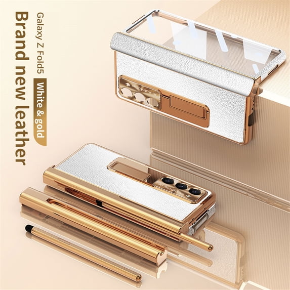 TECH CIRCLE for Samsung Galaxy Z Fold 6 Case with Pen,Shockproof Lychee Texture PU Leather Plating Hidden Double Hinge Kickstand Full Body Protective Case Built-in Screen Protector Cover,Silver+Gold