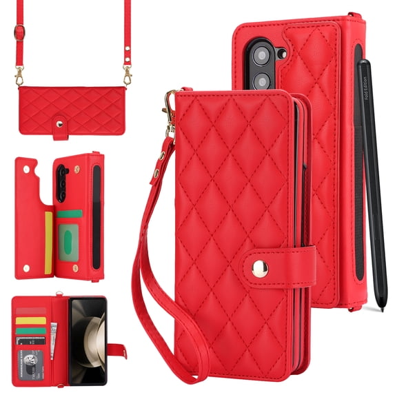 TECH CIRCLE for Samsung Galaxy Z Fold 6 Wallet Case with S Pen Holder, Premium Leather Magnetic Clasp Kickstand Crossbody Lanyard Wrist Strip Shockproof Stylish Protective Cover,Red