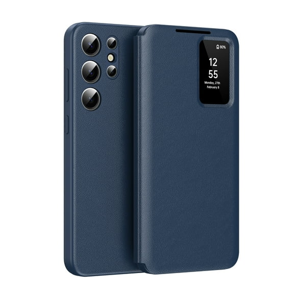 TECH CIRCLE for Samsung S26 Ultra Premium Leather+PC Frame Case Smart Small Screen View, with Card Slot Wallet Phone Case,Smart Window Cover, Flip Leather Protective Smart View,Blue