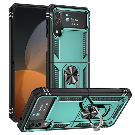 TECH CIRCLE for Samsung Z Flip 4 Case, Galaxy Z Flip 4 5G Case with Screen Protector Hinge Protection with Built-in 360° Rotate Ring Magnetic Stand Case Cover for Samsung Galaxy Z Flip 4,Darkgreen