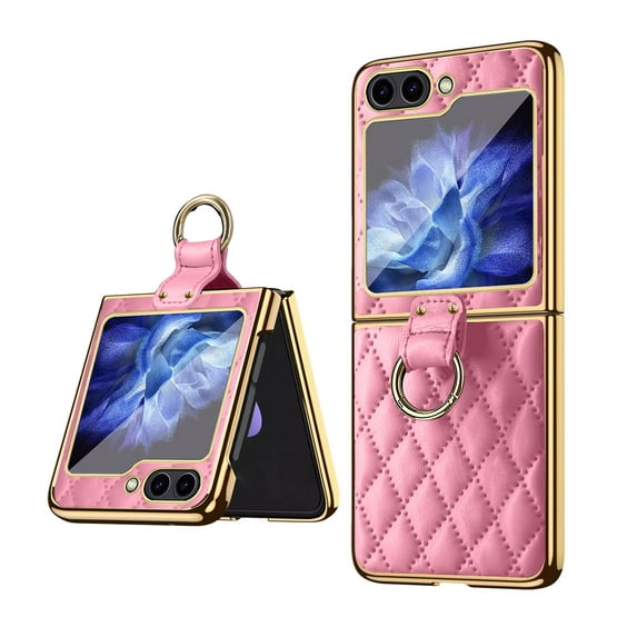 TECH CIRCLE for Samsung Z Flip 5 PU Leather Case with Ring Holder, Luxury PU Leather Case with Built-in Screen Protector Non-Slip Shockproof Protective Women Girl Cover for Galaxy Z Flip 5 2023,Pink