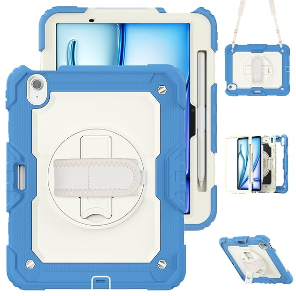 TECH CIRCLE Shockproof Case for iPad Air (4th Generation) 10.9" 2020, Plastic/TPU Case with Screen Protector & Pencil Holder & Hand Strap & Kickstand, Protective Cute Cover with Shoulder Strap, Blue