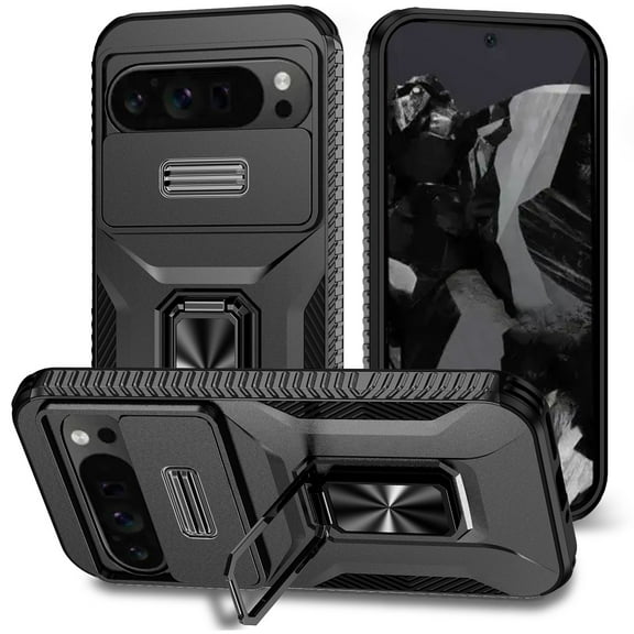 TECH CIRCLE Shockproof Rugged Case for Google Pixel 8 Pro (6.7") with Rotating Kickstand/Slide Camera Cover, Hard Shell Drop Proof Anti Scratch Protective Cover, Black