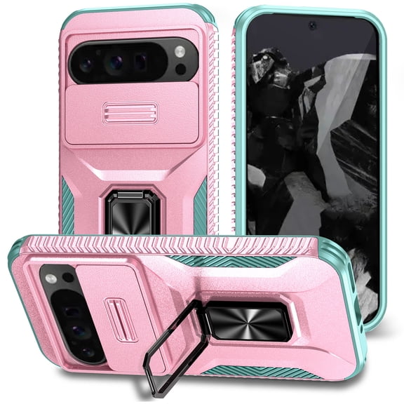 TECH CIRCLE Shockproof Rugged Case for Google Pixel 8 Pro (6.7") with Rotating Kickstand/Slide Camera Cover, Hard Shell Drop Proof Anti Scratch Protective Cover, Pink/Green