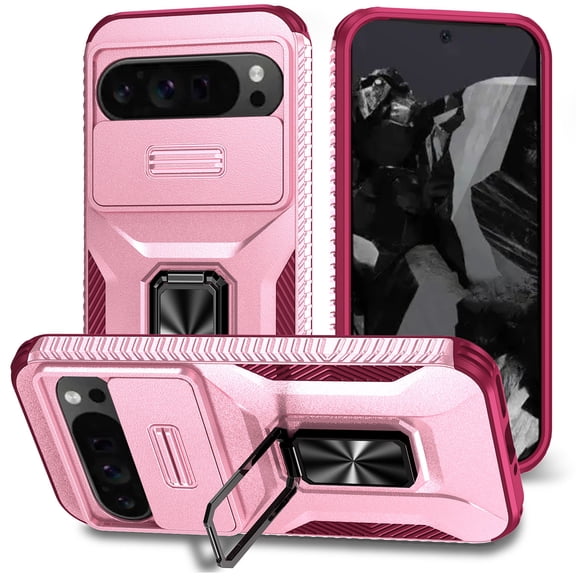 TECH CIRCLE Shockproof Rugged Case for Google Pixel 8A (6.1") with Rotating Kickstand/Slide Camera Cover, Hard Shell Drop Proof Anti Scratch Protective Cover, Pink