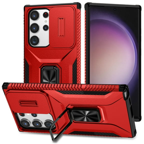 TECH CIRCLE Shockproof Rugged Phone Case for Galaxy S24 (6.2", 2024) with Built-in Sturdy Metal Kickstand, Slide Camera Lens Cover, Hard Shell Drop Proof Anti Scratch Protective Cover, Red