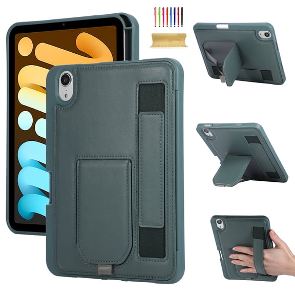 TECH CIRCLE Slim PU Leather Case for iPad Mini 7, iPad Mini 6 (8.3 inch), Built-in Kickstand, Hand Strap, Pencil Holder, Lightweight Protective Tablet Cover, Darkgreen