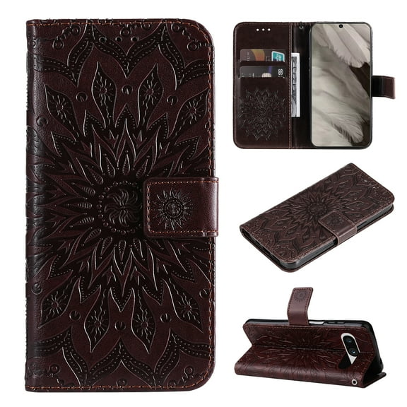TECH CIRCLE Slim Wallet Case for Google Pixel 8 6.2 inch,Shockproof Stylish Embossed Pattern PU Leather Magnetic Clasp Folio Flip Kickstand Card Slots Purse for Women Men Phone Cover,Brown