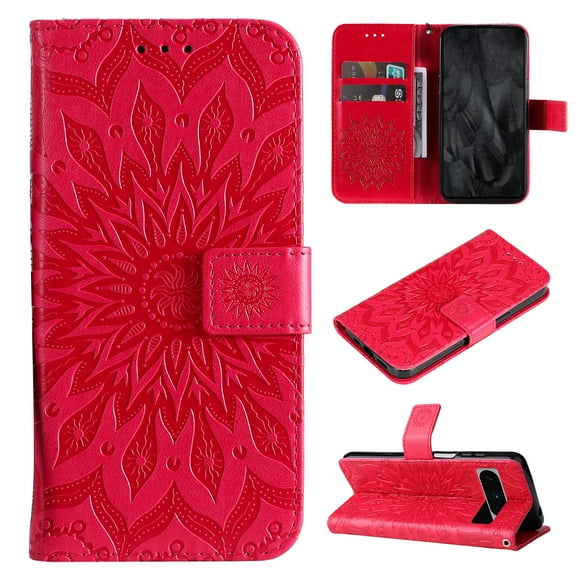 TECH CIRCLE Slim Wallet Case for Google Pixel 8 Pro 6.7 inch,Shockproof Stylish Embossed Pattern PU Leather Magnetic Clasp Folio Flip Kickstand Card Slots Purse for Women Men Phone Cover,Red