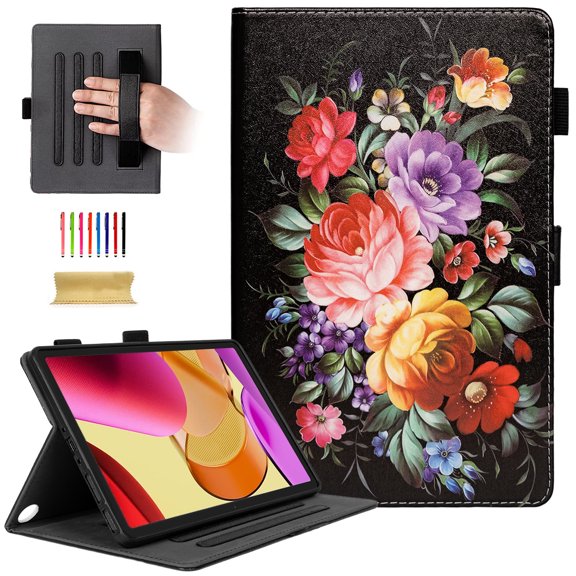TECH CIRCLE Smart Folio Case for Fire Max 11 Tablet 13th Generation 2023 Released, Auto Sleep Wake, Built-in Stand, Stylus Pen Loop Holder, Hand Strap, Cute Cartoon PU Leather Case, Black Flowers