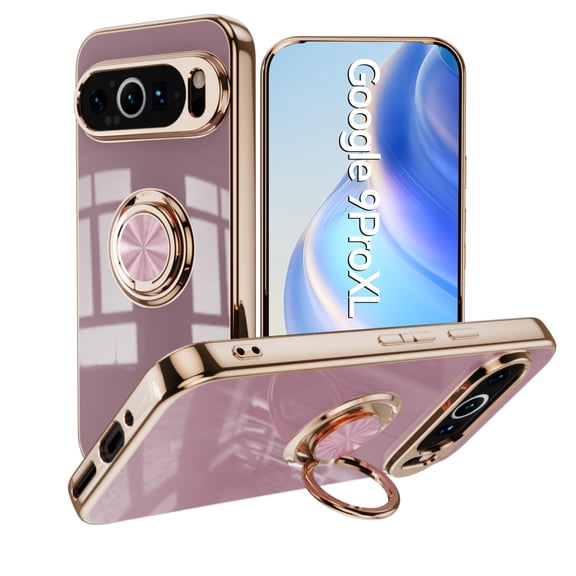 TECH CIRCLE Soft Silicone Phone Case, Google Pixel 9 Pro XL Case 6.8" (2024), Shiny Plating Cute Case with Magnetic Kickstand /Finger Ring Holder, Durable TPU Slim Thin Lightweight Cover, Lightpurple