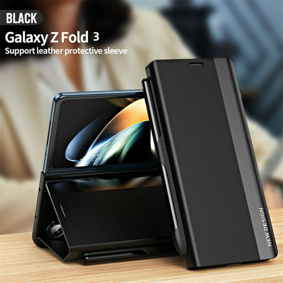 TECH CIRCLE Stand Case for Samsung Galaxy Z Fold 3 Case 2021, Luxury Slim PU Leather Hybrid PC Bumper Shockproof Case for Galaxy Z Fold 3 5G Phone Case for Women Men, Black