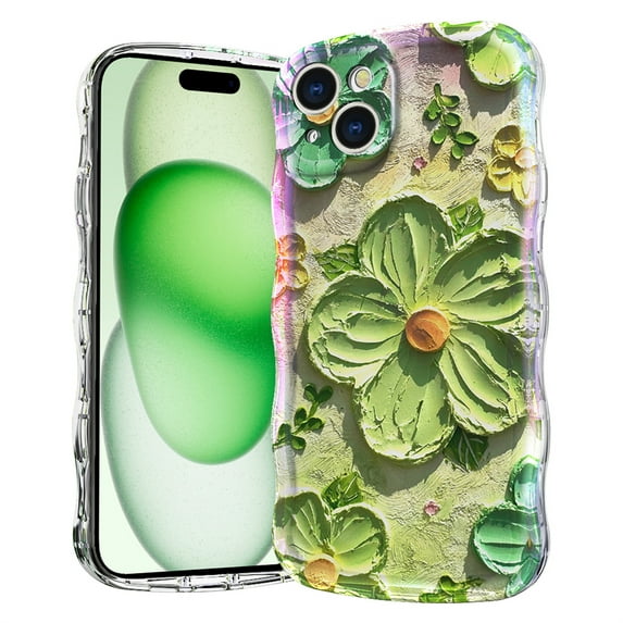 TECH CIRCLE Stylish Cute Floral Case for iPhone 15 (6.1") 2023 Cell Phone with Wave Edge, Compatible with MagSafe Accessory, Screen Camera Protection, Shockproof Protective Cover, Olive Green