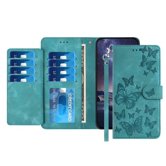 TECH CIRCLE Stylish Wallet Case for Galaxy A06, Built-in 8 Card Slots/1 Cash Slot, Stand Function, with Wrist Strap, Cute Embossed Butterfly PU Leather Flip Case, Green