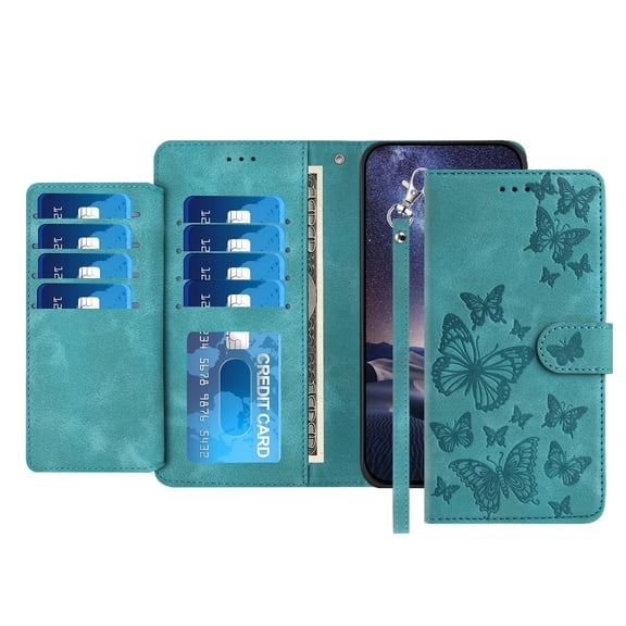 TECH CIRCLE Stylish Wallet Case for iPhone 13, Built-in 8 Card Slots/1 Cash Slot, Stand Function, with Wrist Strap, Cute Embossed Butterfly PU Leather Flip Case, Green