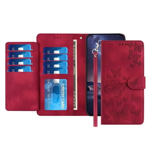 TECH CIRCLE Stylish Wallet Case for iPhone 13, Built-in 8 Card Slots/1 Cash Slot, Stand Function, with Wrist Strap, Cute Embossed Butterfly PU Leather Flip Case, Red