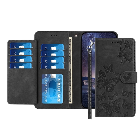 TECH CIRCLE Stylish Wallet Case for iPhone 13 Pro, Built-in 8 Card Slots/1 Cash Slot, Stand Function, with Wrist Strap, Cute Embossed Butterfly PU Leather Flip Case, Black