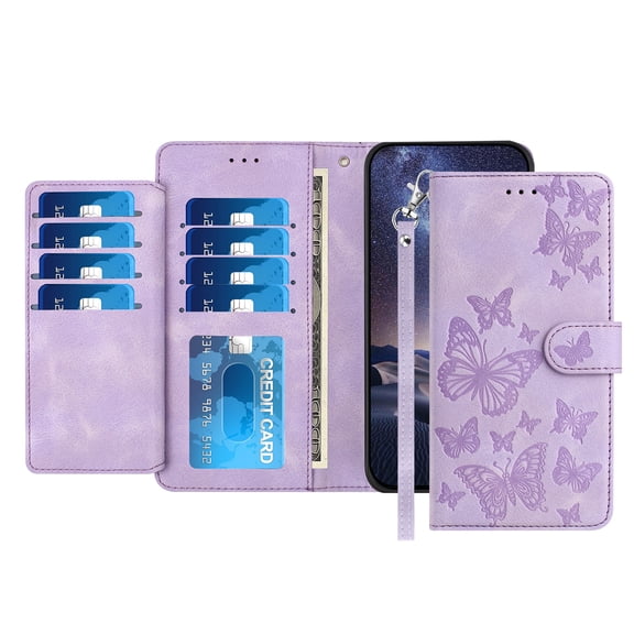 TECH CIRCLE Stylish Wallet Case for iPhone 14 Pro Max, Built-in 8 Card Slots/1 Cash Slot, Stand Function, with Wrist Strap, Cute Embossed Butterfly PU Leather Flip Case, Purple
