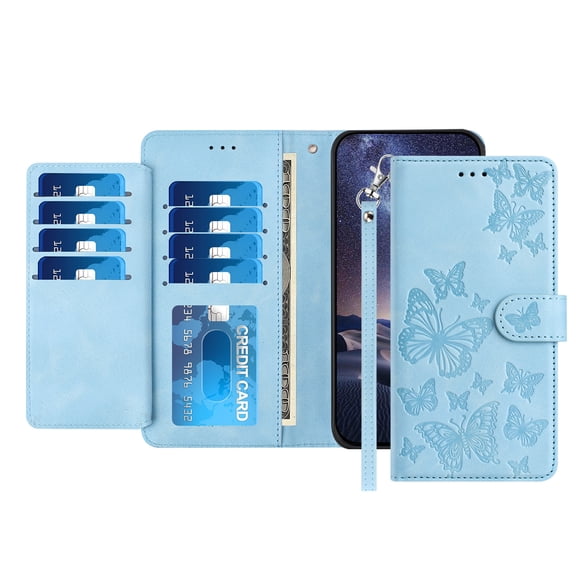 TECH CIRCLE Stylish Wallet Case for iPhone 17, Built-in 8 Card Slots/1 Cash Slot, Stand Function, with Wrist Strap, Cute Embossed Butterfly PU Leather Flip Case, Lightblue