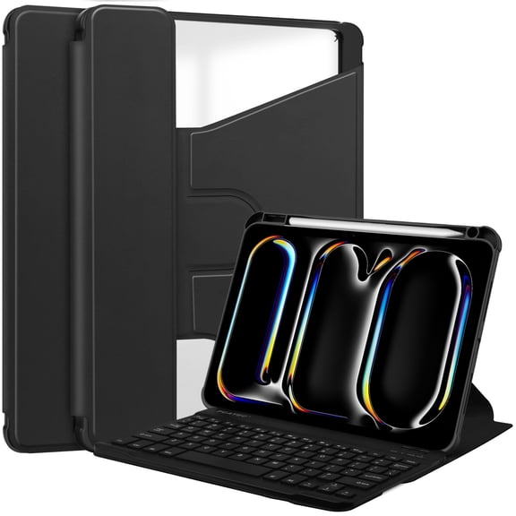 TECH CIRCLE For Apple iPad Pro 13-Inch (M4/M5) 2024/2025 Release Rotating Design Smart Folio Case with Auto Sleep Wake, Stand, Pencil Holder, PU Leather Protective Slim Flip Case, 05 Black