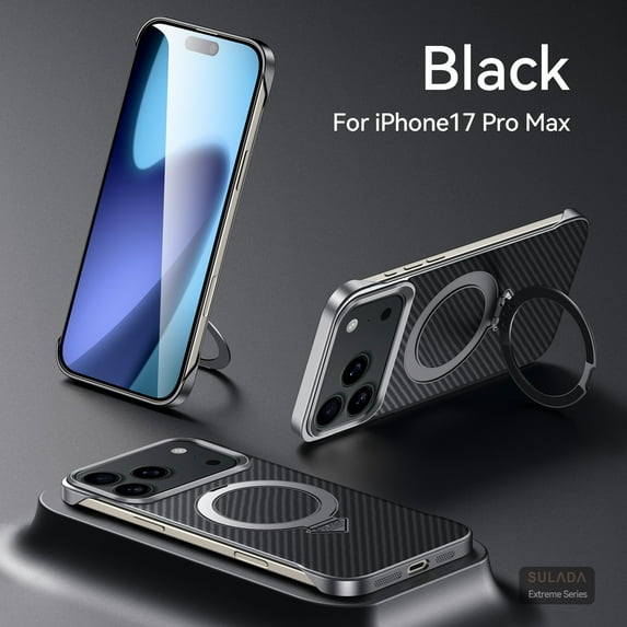 TECH CIRCLE Ultra Slim Case for iPhone 17 Pro Max Plastic+Leather Case ,Magnetic Slim Stylish Flip Folio Phone Cover Carbon Fiber Fashion Textured Metal Ring Holder Lightweight Shockproof,Black
