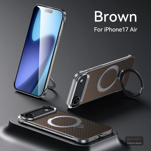 TECH CIRCLE Ultra Slim Case for iPhone Air Plastic+Leather Case ,Magnetic Slim Stylish Flip Folio Phone Cover Carbon Fiber Fashion Textured Metal Ring Holder Lightweight Shockproof,Brown