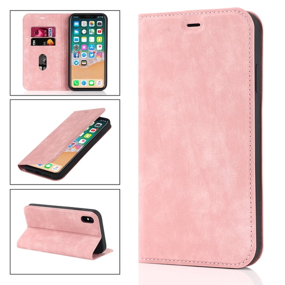 TECH CIRCLE Wallet Case for Apple iPhone X,iPhone XS,Full Protection Plain Leather Magnetic Flip Kickstand RFID Blocking ID Credit Card Slots Phone Case Cover,Pink