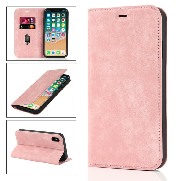 TECH CIRCLE Wallet Case for Apple iPhone X,iPhone XS,Full Protection Plain Leather Magnetic Flip Kickstand RFID Blocking ID Credit Card Slots Phone Case Cover,Pink