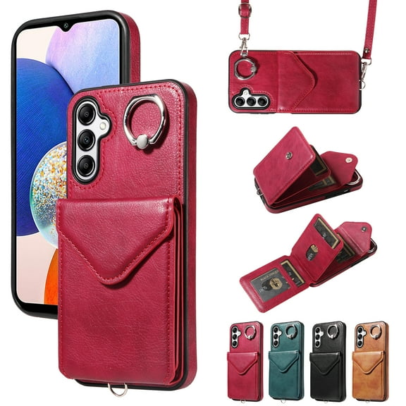 TECH CIRCLE Wallet Case with Card Holder For Galaxy A14 5G,Rotation Ring Stand PU Leather Shockproof Protective Slim Cover with Shoulder Strap for Women Men for Samsung Galaxy A14 5G 6.6" 2023,Red