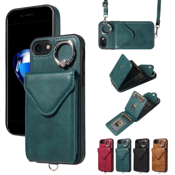 TECH CIRCLE Wallet Case with Card Holder For iPhone 7 / 8 / SE,Rotation Ring Stand PU Leather Shockproof Protective Slim Cover with Shoulder Strap for Women Men for Apple iPhone 7 8 SE 2022 4.7",Green