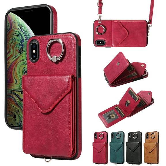 TECH CIRCLE Wallet Case with Card Holder For iPhone XS/iPhone X,Rotation Ring Stand PU Leather Shockproof Protective Slim Cover with Shoulder Strap for Women Men for Apple iPhone XS/iPhone X 5.8",Red