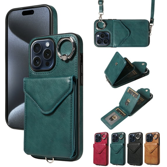 TECH CIRCLE Wallet Case with Card Holder For iPhone 13 Pro Max,Rotation Ring Stand PU Leather Shockproof Protective Slim Cover with Shoulder Strap for Women Men for Apple iPhone 13 Pro Max 6.7",Green