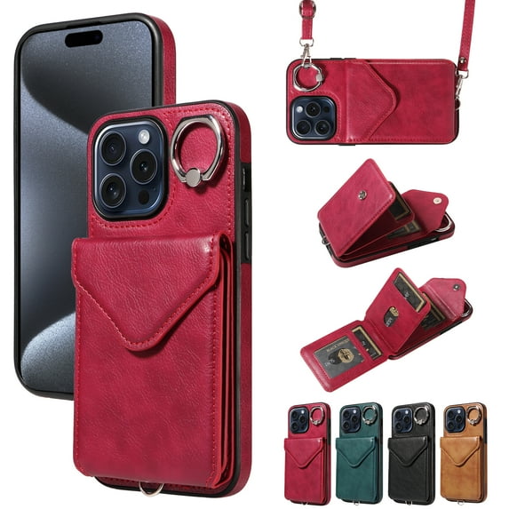 TECH CIRCLE Wallet Case with Card Holder For iPhone 15 Pro,Rotation Ring Stand PU Leather Shockproof Protective Slim Cover with Shoulder Strap for Women Men for Apple iPhone 15 Pro 6.1" 2023,Red