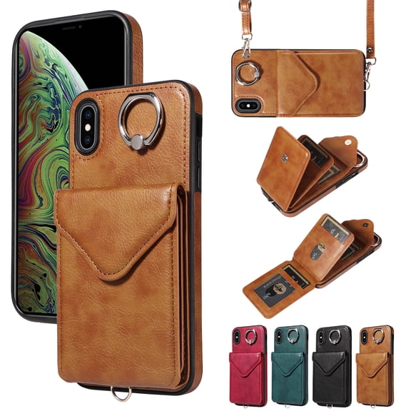 TECH CIRCLE Wallet Case with Card Holder For iPhone XS/iPhone X,Rotation Ring Stand PU Leather Shockproof Protective Slim Cover with Shoulder Strap for Women Men for Apple iPhone XS/iPhone X 5.8,Brown