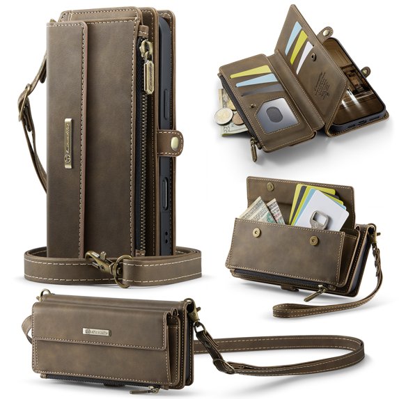 TECH CIRCLE Wallet Case Compatible with iPhone 16 Plus RFID Blocking 9-Card Holder Soft PU Leather Magnetic Snap Shoulder Strap Zipper Pocket Stand Phone Case Fit for iPhone 16 Plus for Women,Coffee