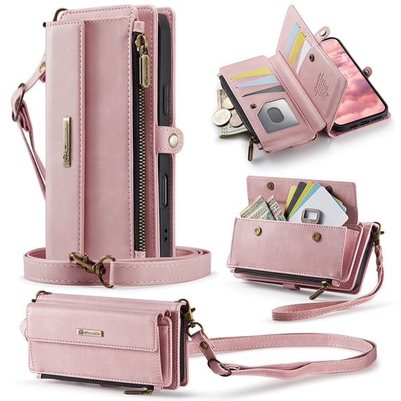 TECH CIRCLE Wallet Case Compatible with iPhone 16 RFID Blocking 9-Card Holder Soft PU Leather Magnetic Snap Shoulder Strap Zipper Pocket Stand Phone Case Fit for iPhone 16 for Women,Pink