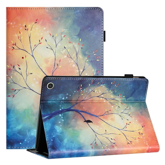 TECH CIRCLE Wallet Case For Amazon Kindle Fire HD 10 & 10 Plus Tablet 11th Generation 2021,PU Leather Folio Smart Stand Case with Pencil Holder Auto Wake Sleep Hand Strap Magnectic Cover,Tree