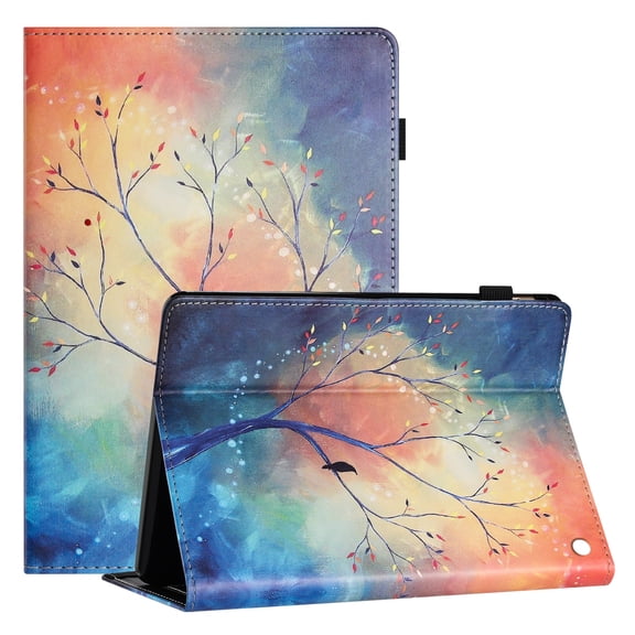 TECH CIRCLE Wallet Case For Amazon Kindle Fire HD 8 & 8 Plus 12th/10th Generation 2022/2020,PU Leather Folio Smart Stand Case with Pencil Holder Auto Wake Sleep Hand Strap Magnectic Cover,Tree
