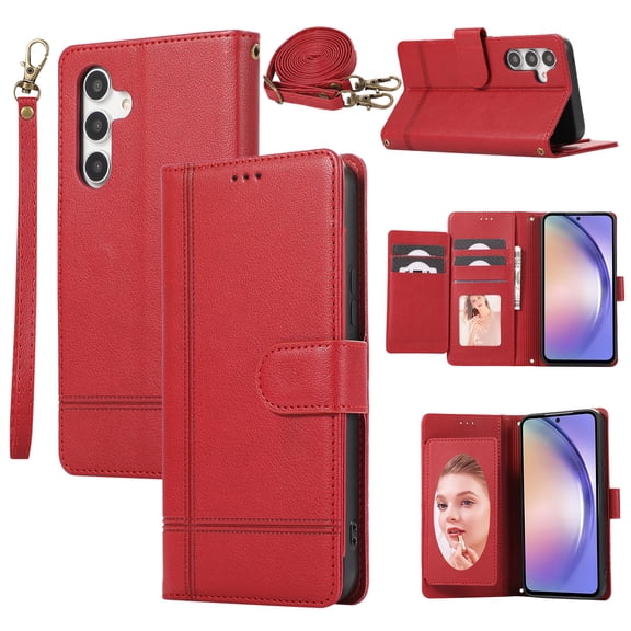 TECH CIRCLE Wallet Case For Galaxy A24 4G,Magnetic Flip Folio Stand Purse Case with Shoulder Wrist Strap Card Holder Cover Hidden Mirror Protective Cover for Samsung Galaxy A24 4G 6.5" 2023,Red