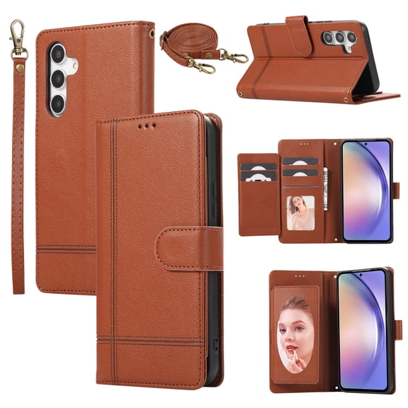 TECH CIRCLE Wallet Case For Galaxy A24 4G,Magnetic Flip Folio Stand Purse Case with Shoulder Wrist Strap Card Holder Cover Hidden Mirror Protective Cover for Samsung Galaxy A24 4G 6.5" 2023,Brown