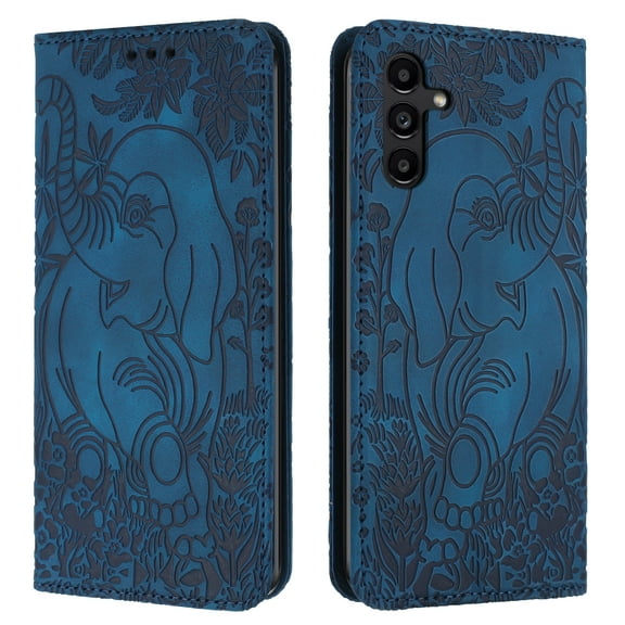 TECH CIRCLE Wallet Case For Galaxy A32 4G,Emboss Elephant Flower Kickstand Card Slots Magnetic Closure PU Leather Shockproof TPU Shell Wrist Strap for Samsung Galaxy A32 4G 6.4" 2021,Blue