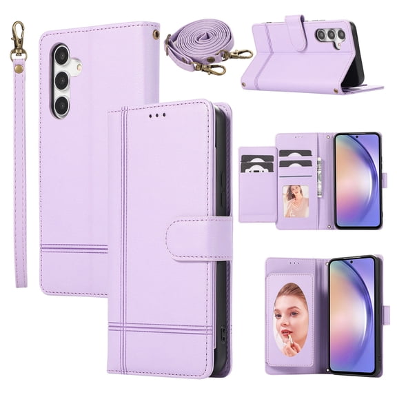 TECH CIRCLE Wallet Case For Galaxy A42 5G,Magnetic Flip Folio Stand Purse Case with Shoulder Wrist Strap Card Holder Cover Hidden Mirror Protective Cover for Samsung Galaxy A42 5G 6.6" 2021,Purple