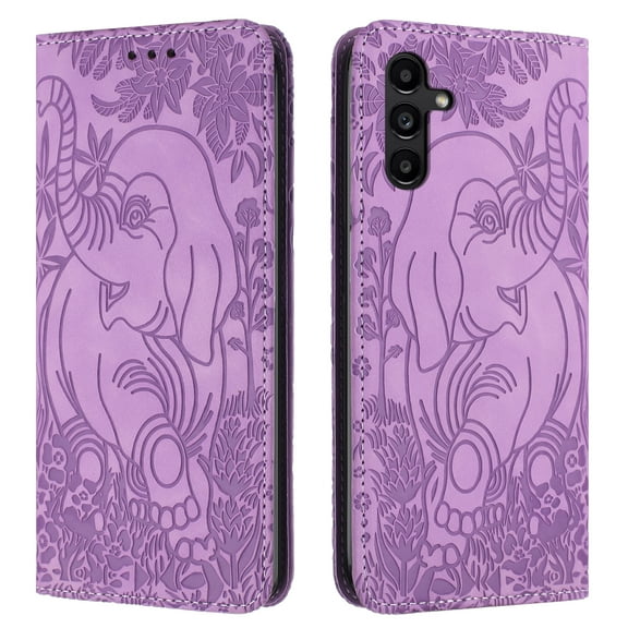 TECH CIRCLE Wallet Case For Galaxy A52 5G,Emboss Elephant Flower Kickstand Card Slots Magnetic Closure PU Leather Shockproof TPU Shell Wrist Strap for Samsung Galaxy A52 5G 6.5" 2021,Purple