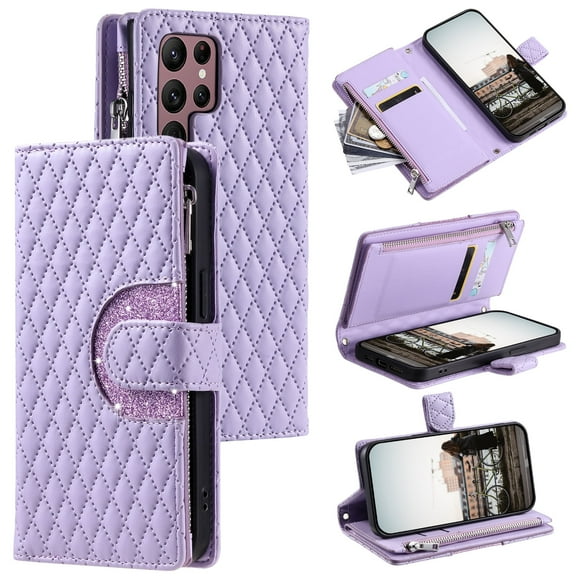 TECH CIRCLE Wallet Case For Galaxy S20,PU Leather Zipper Flip Folio Bling Case Wristlet Shoulder Strap Magnetic Closure Stand Protective Case for Samsung Galaxy S20 5G 6.2" 2020,Purple