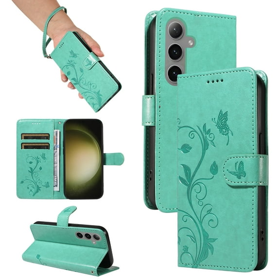 TECH CIRCLE Wallet Case For Galaxy S22, Emboss Flower Premium PU Leather Magnetic Card Slots Flip Protective Kickstand Case with Wrist Strap for Samsung Galaxy S22 6.1" 2022,Green